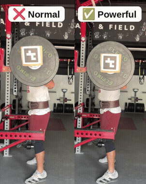 Side-by-side photos of the same squat rep with a velocity tracker on the barbell, labeled 'Normal' with a red X on the left and 'Powerful' with a green checkmark on the right.